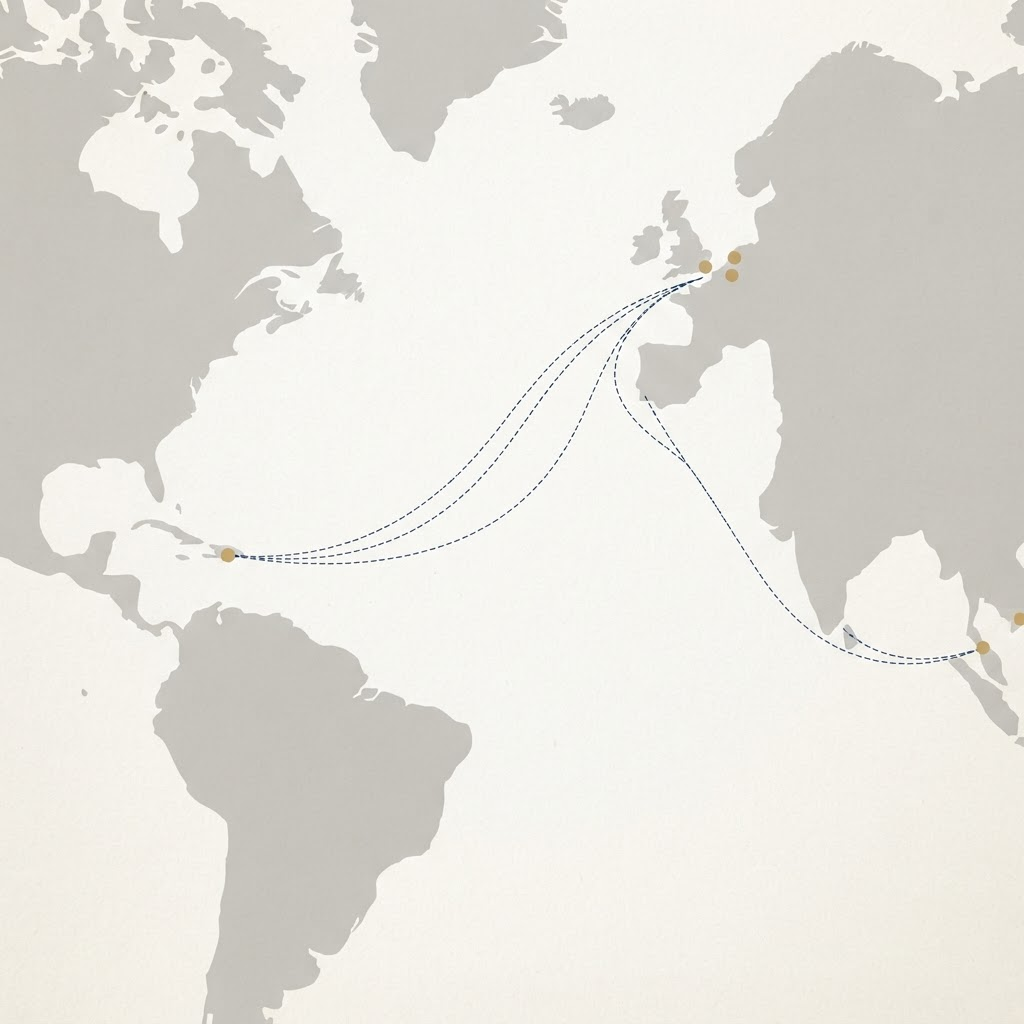 Illustration schématique de routes d’approvisionnement reliant l’Asie et l’Europe à une île des Caraïbes